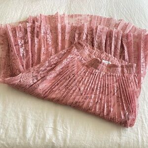 C'est Toi Pleated A-Line Lace Overlay Midi Skirt